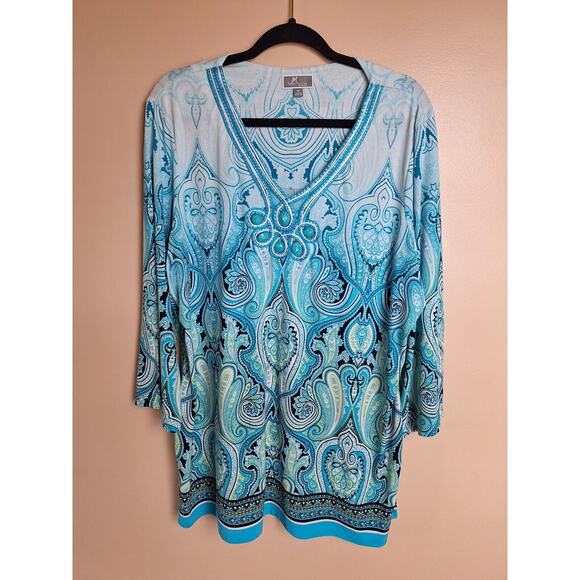 JM Collection Womans Sz 1X Turquoise Paisley Beaded Jersey Knit Tunic‎ Blouse - Picture 1 of 13